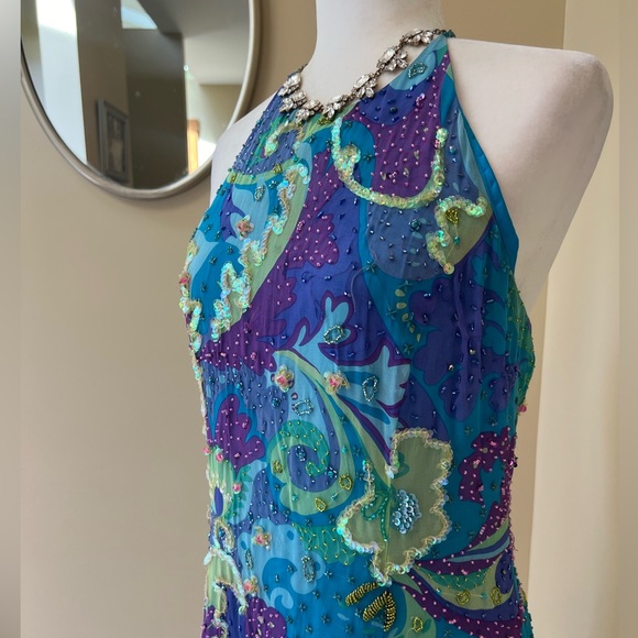 Vintage Cache Turquoise 🦋 Purple Lime Beaded Sequin Cocktail Dress Sz 12 Halter - Picture 2 of 16